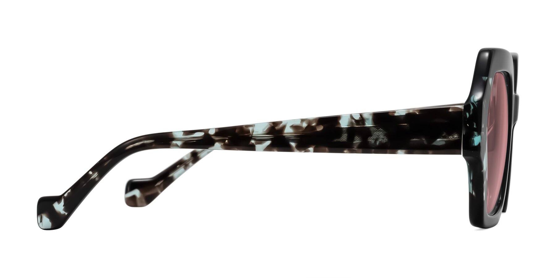 Side of Burka in Black/Teal Tortoise with Medium Garnet Tinted Lenses