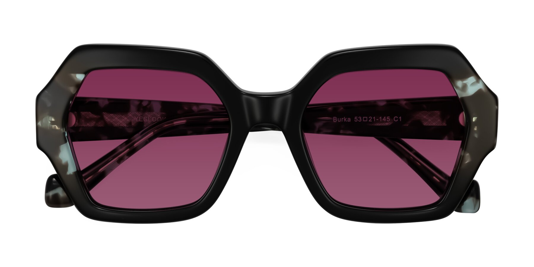 Folded Front of Burka in Black/Teal Tortoise with Wine Tinted Lenses