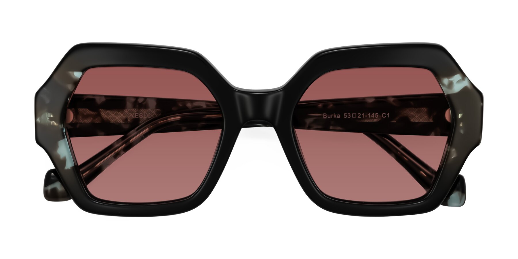 Folded Front of Burka in Black/Teal Tortoise with Garnet Tinted Lenses