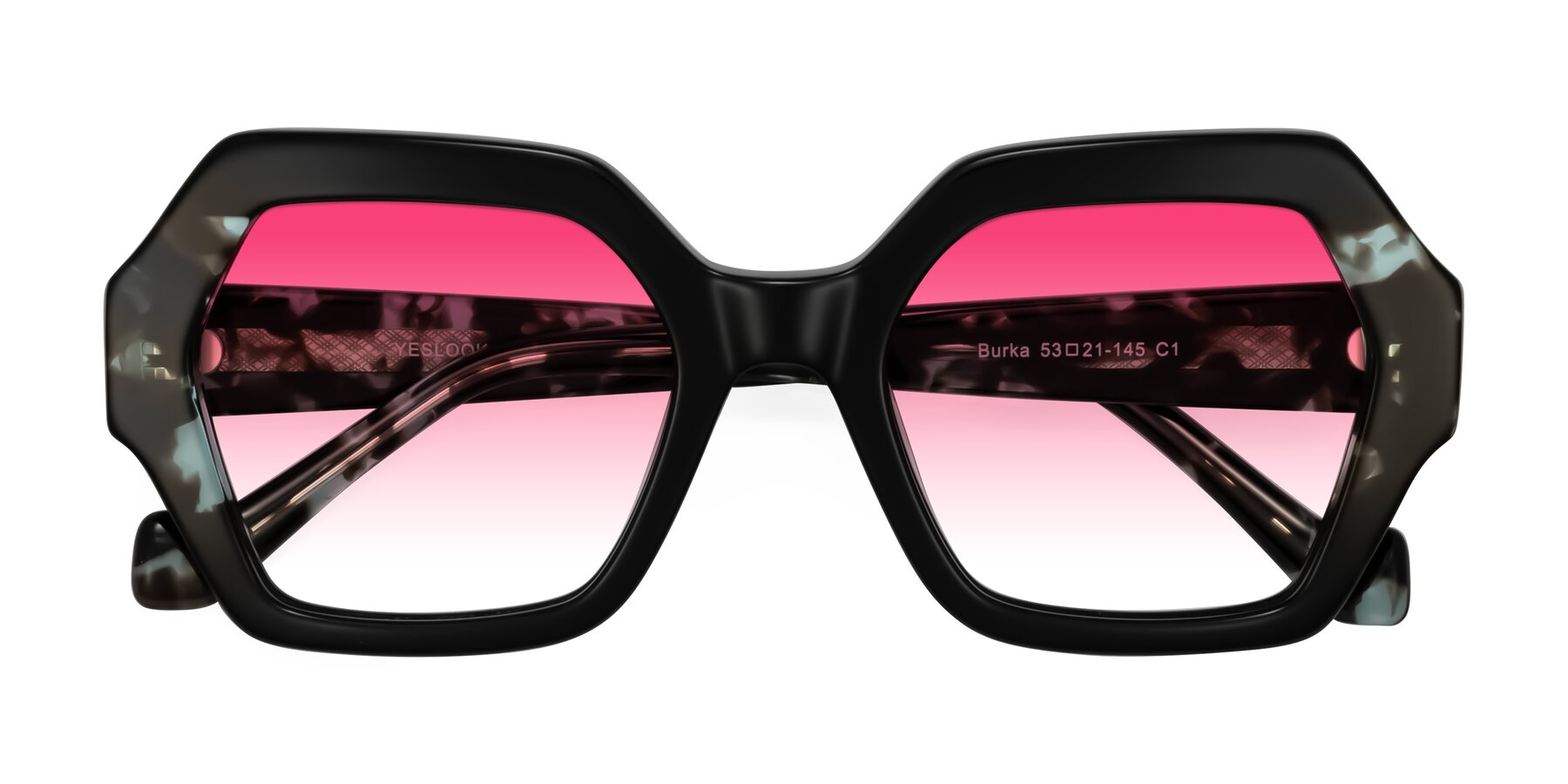 Folded Front of Burka in Black/Teal Tortoise with Pink Gradient Lenses