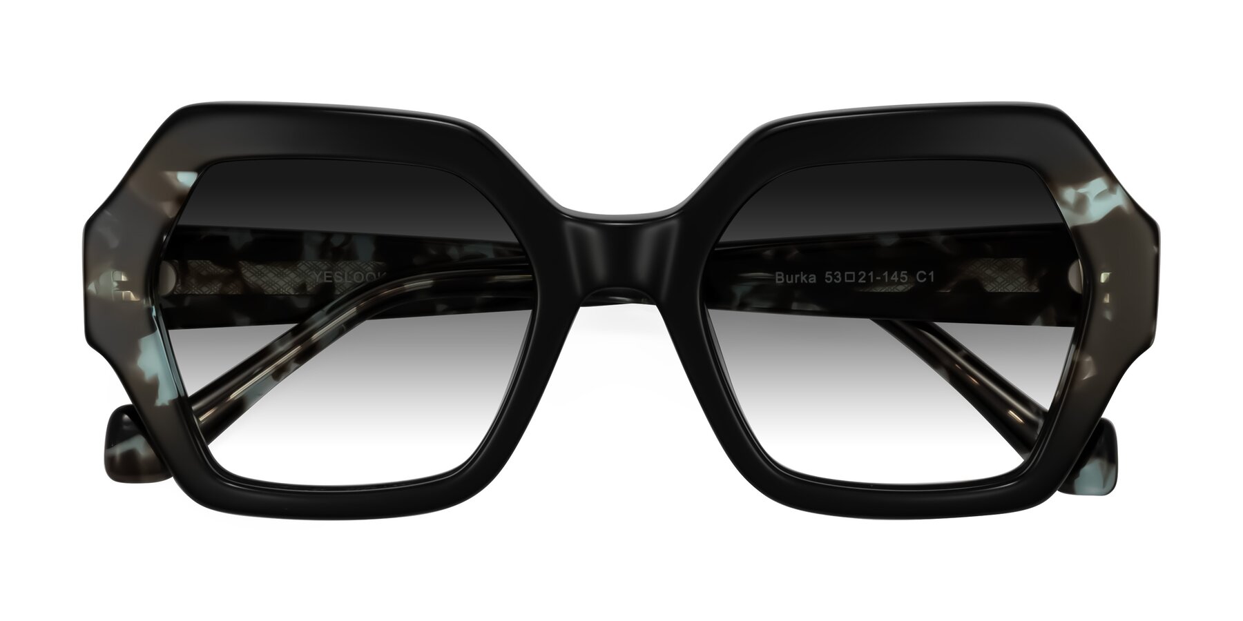 Folded Front of Burka in Black/Teal Tortoise with Gray Gradient Lenses