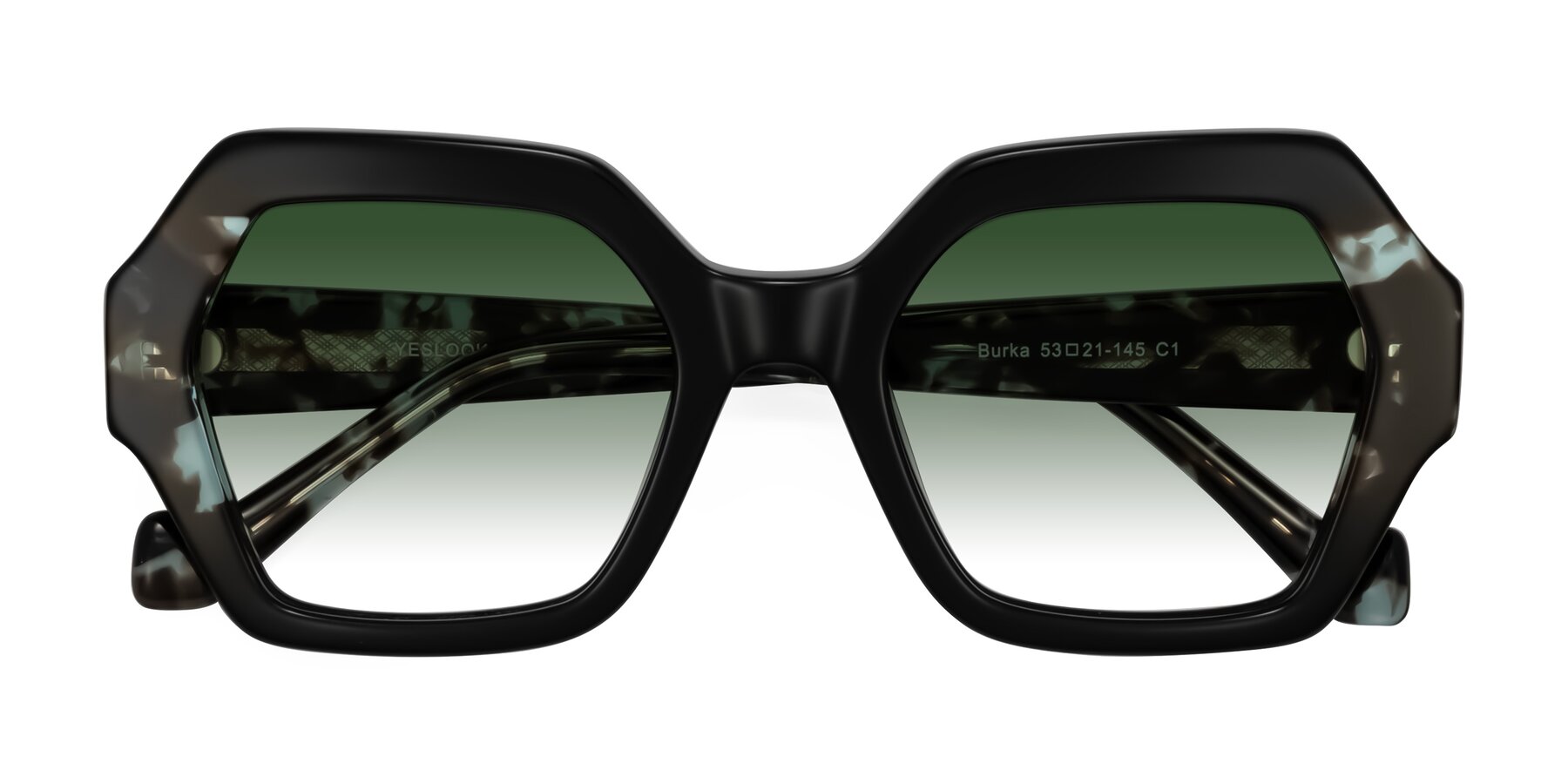 Folded Front of Burka in Black/Teal Tortoise with Green Gradient Lenses
