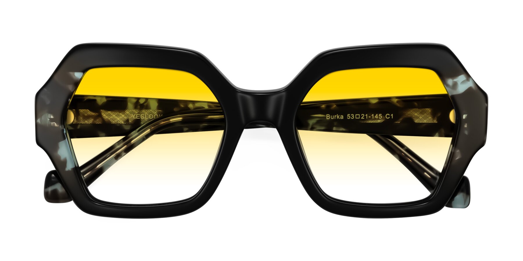 Folded Front of Burka in Black/Teal Tortoise with Yellow Gradient Lenses