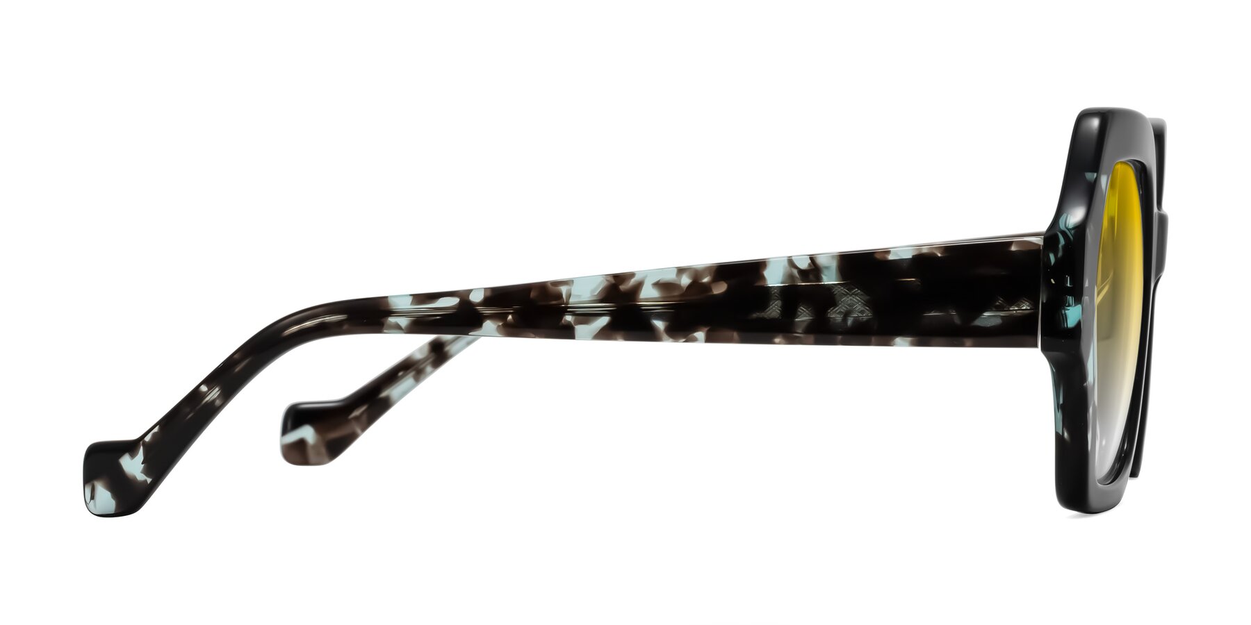 Side of Burka in Black/Teal Tortoise with Yellow Gradient Lenses