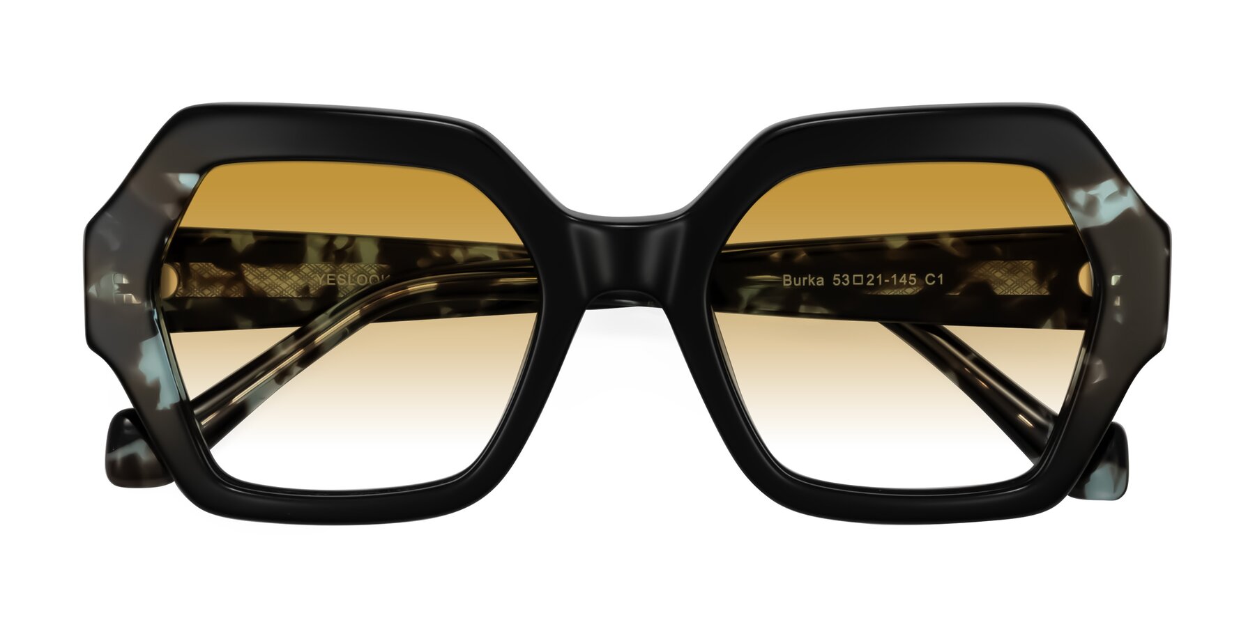 Folded Front of Burka in Black/Teal Tortoise with Champagne Gradient Lenses