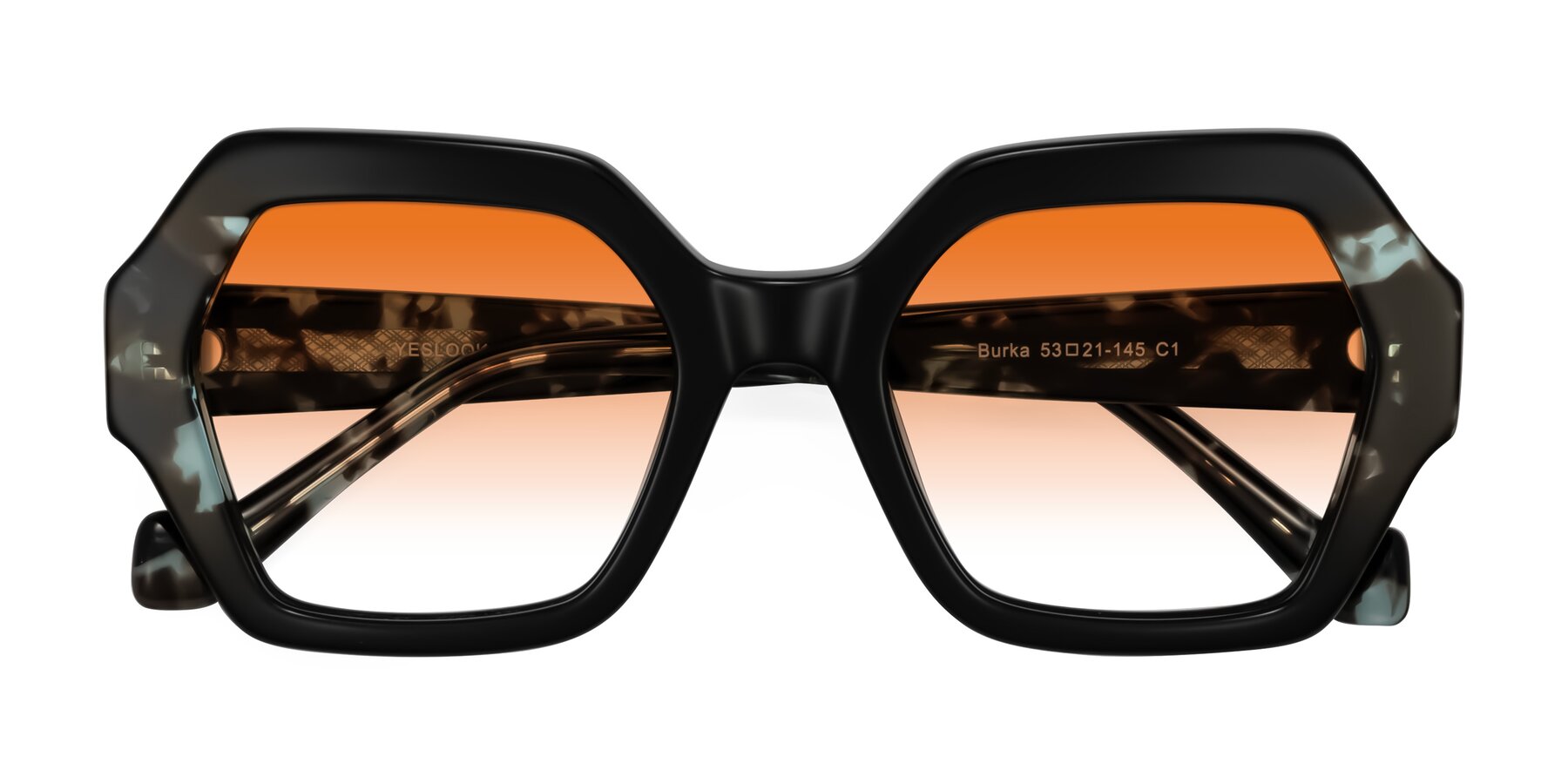 Folded Front of Burka in Black/Teal Tortoise with Orange Gradient Lenses