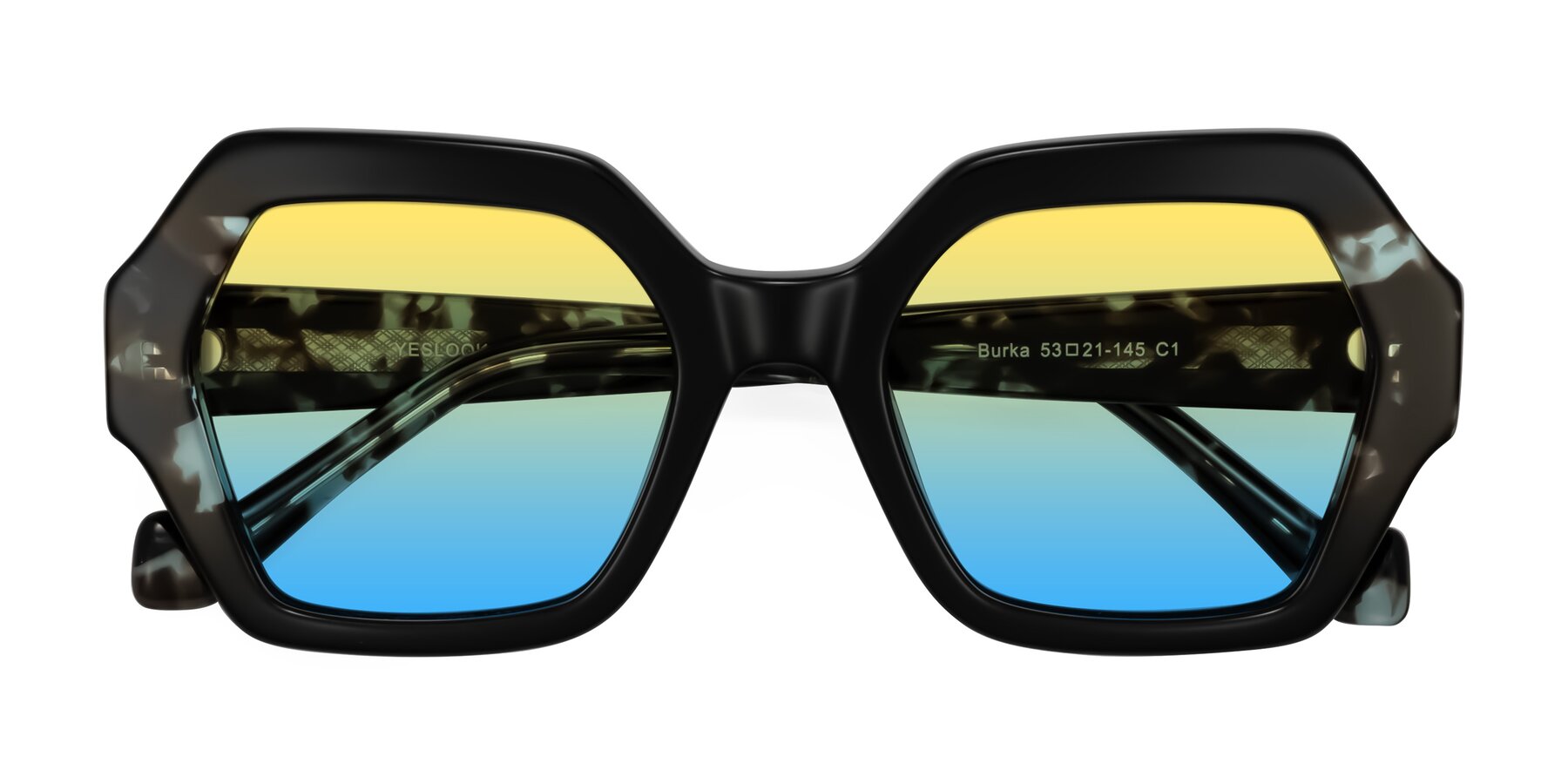 Folded Front of Burka in Black/Teal Tortoise with Yellow / Blue Gradient Lenses