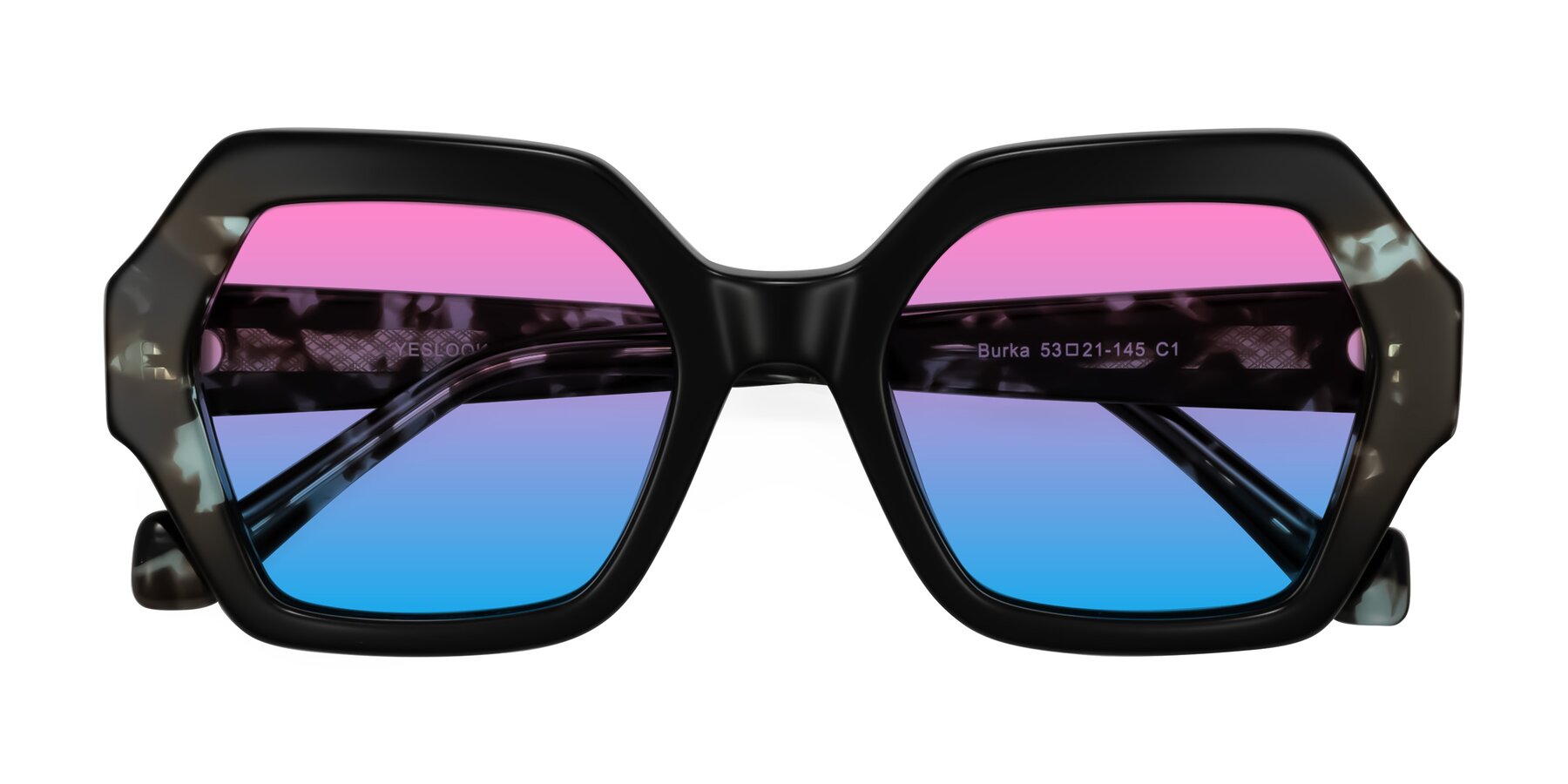 Folded Front of Burka in Black/Teal Tortoise with Pink / Blue Gradient Lenses