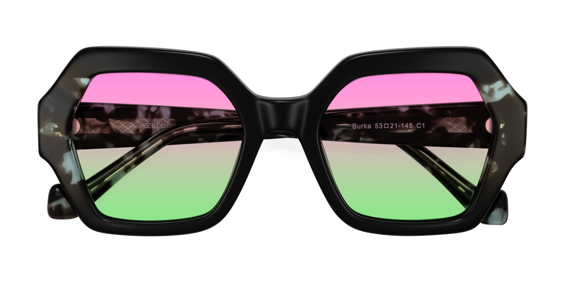 Folded Front of Burka in Black/Teal Tortoise with Pink / Green Gradient Lenses