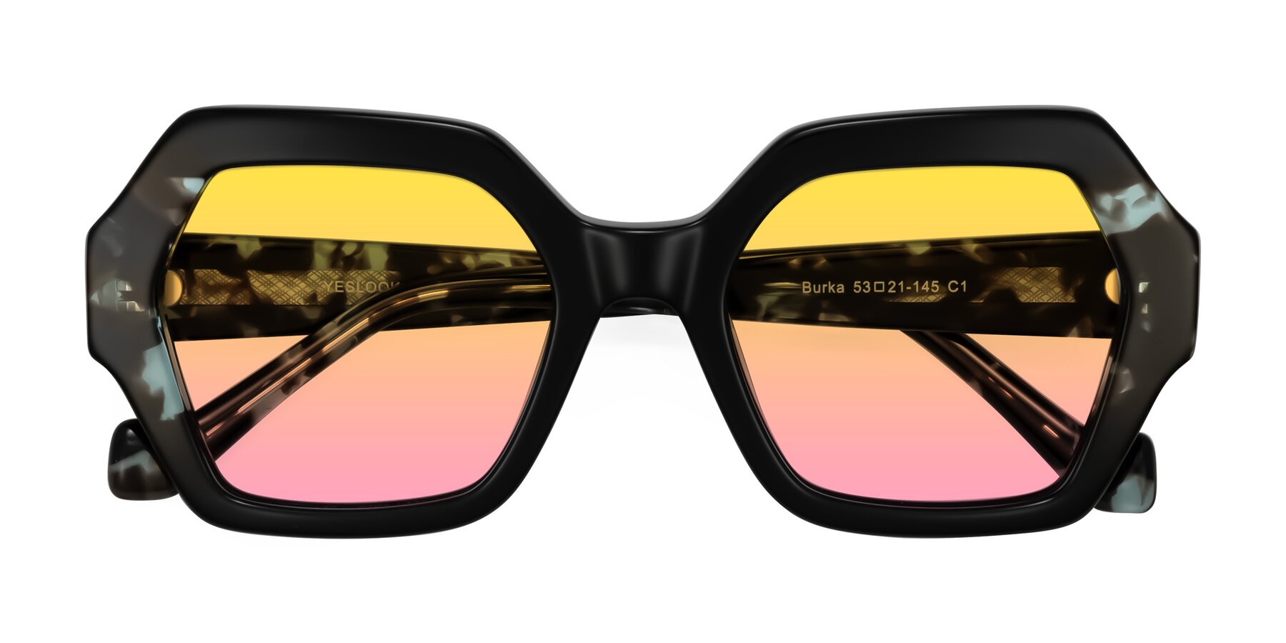 Folded Front of Burka in Black/Teal Tortoise with Yellow / Pink Gradient Lenses