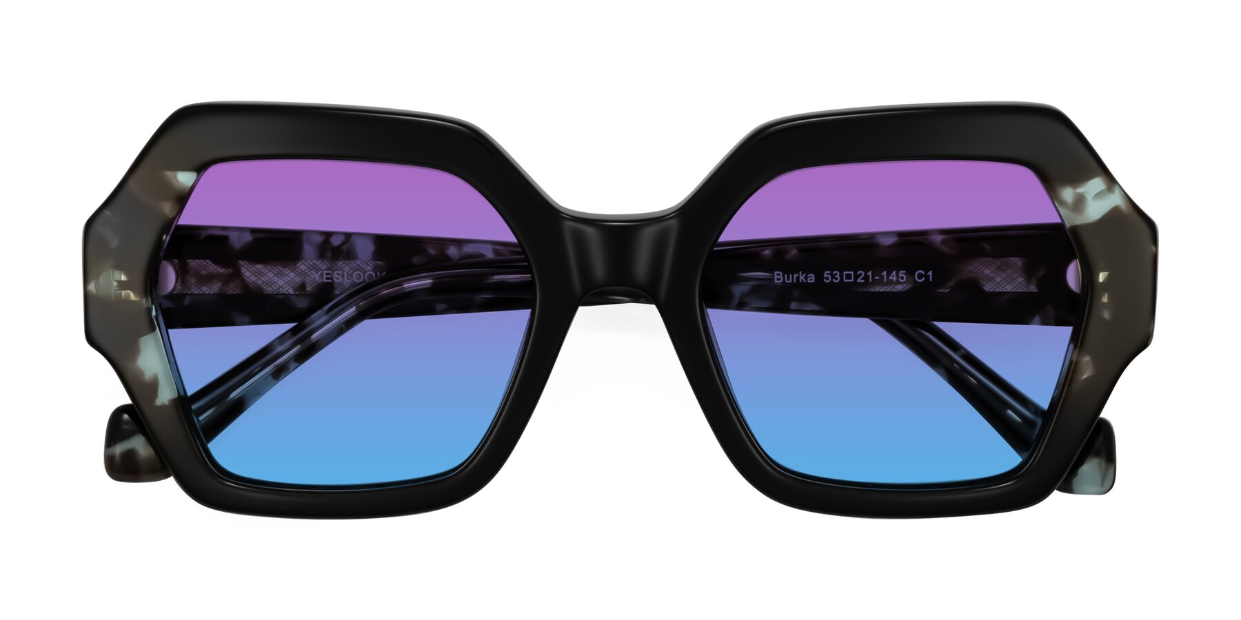 Folded Front of Burka in Black/Teal Tortoise with Purple / Blue Gradient Lenses