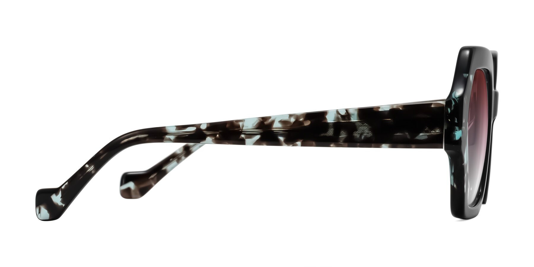 Side of Burka in Black/Teal Tortoise with Garnet Gradient Lenses