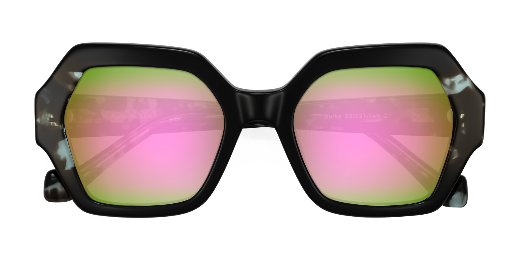 Folded Front of Burka in Black/Teal Tortoise with Pink Mirrored Lenses