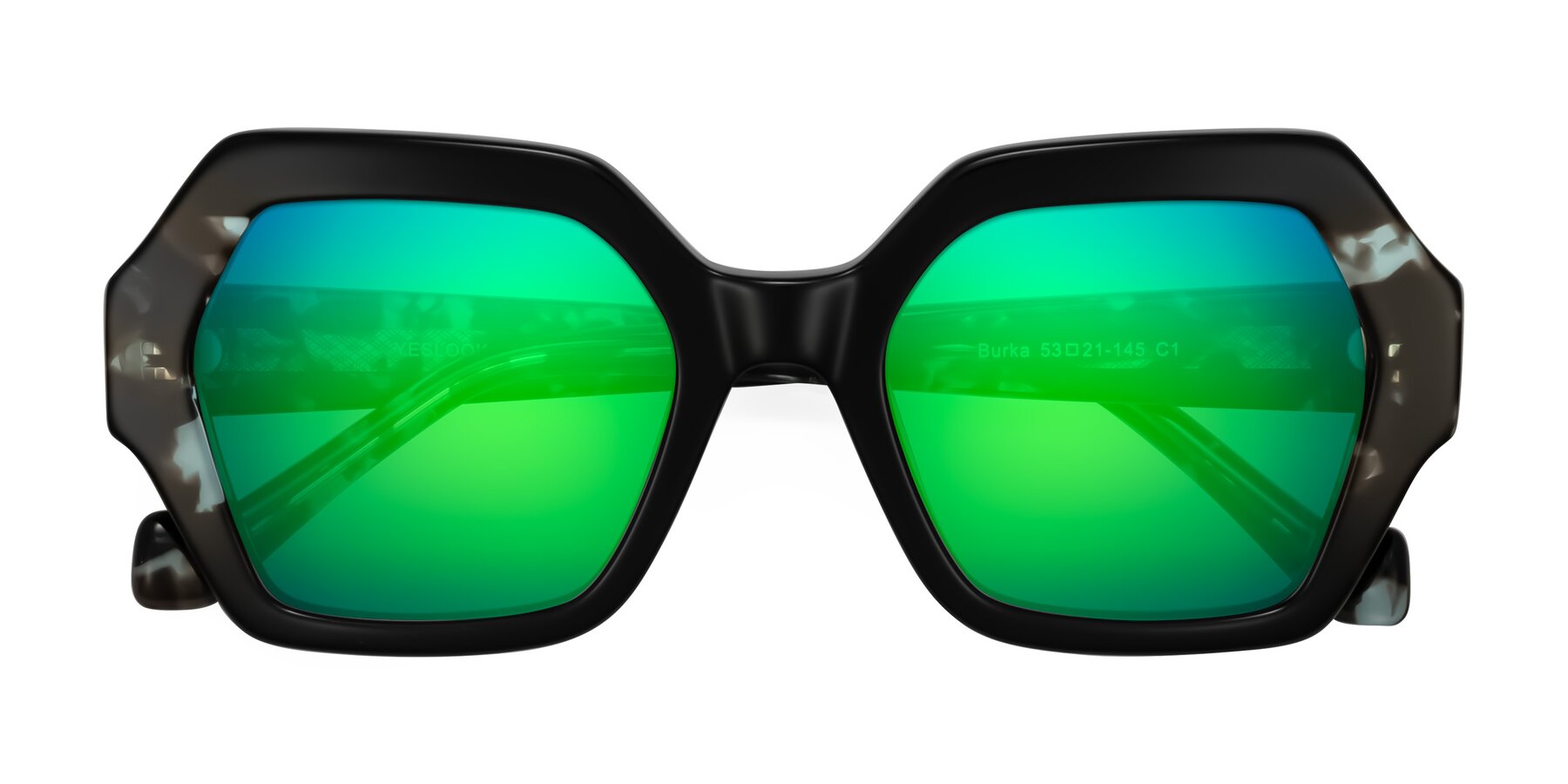 Folded Front of Burka in Black/Teal Tortoise with Green Mirrored Lenses