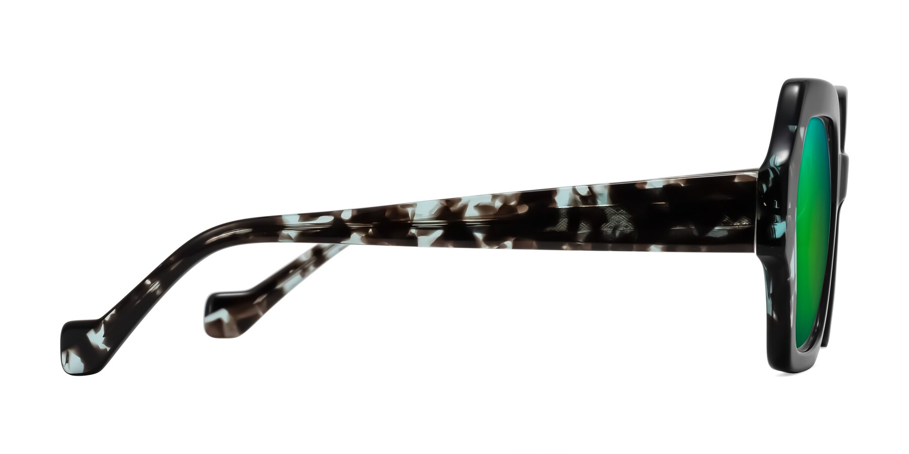 Side of Burka in Black/Teal Tortoise with Green Mirrored Lenses