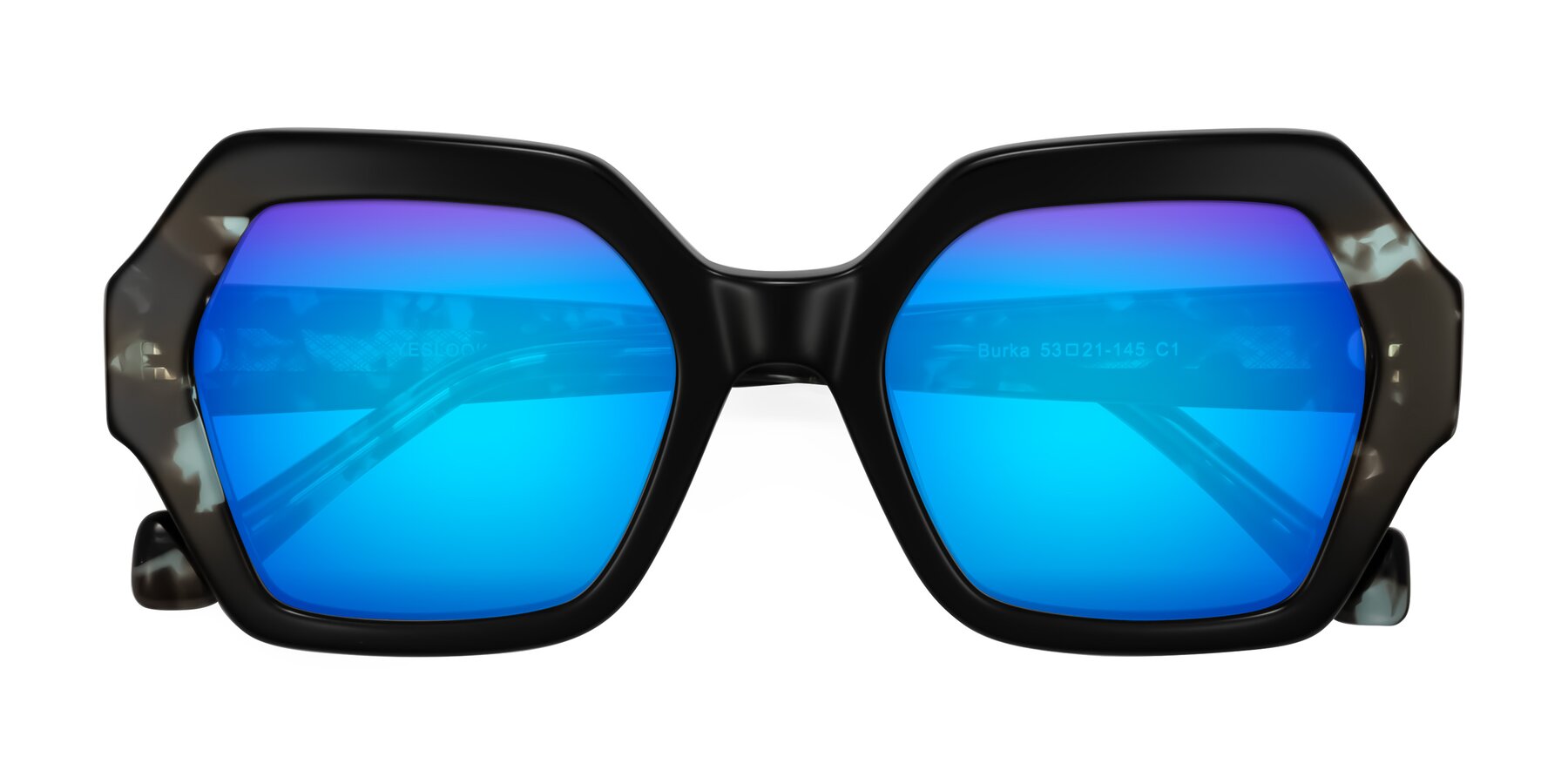 Folded Front of Burka in Black/Teal Tortoise with Blue Mirrored Lenses