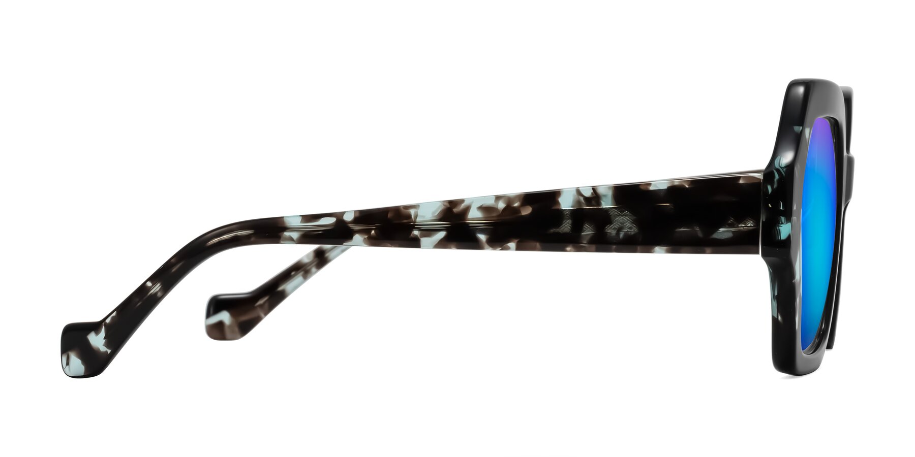 Side of Burka in Black/Teal Tortoise with Blue Mirrored Lenses