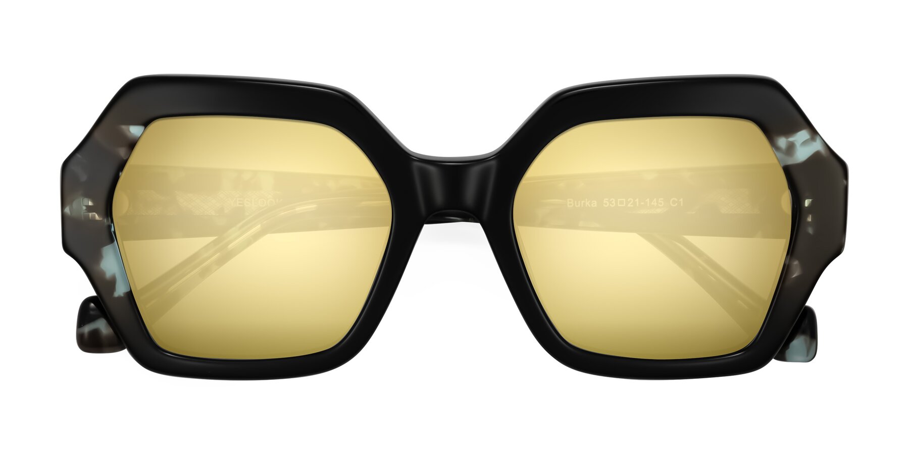 Folded Front of Burka in Black/Teal Tortoise with Gold Mirrored Lenses