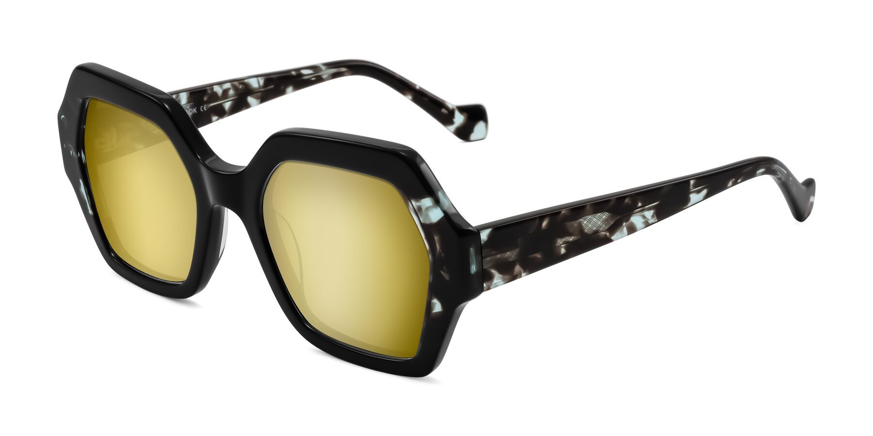 Angle of Burka in Black/Teal Tortoise with Gold Mirrored Lenses