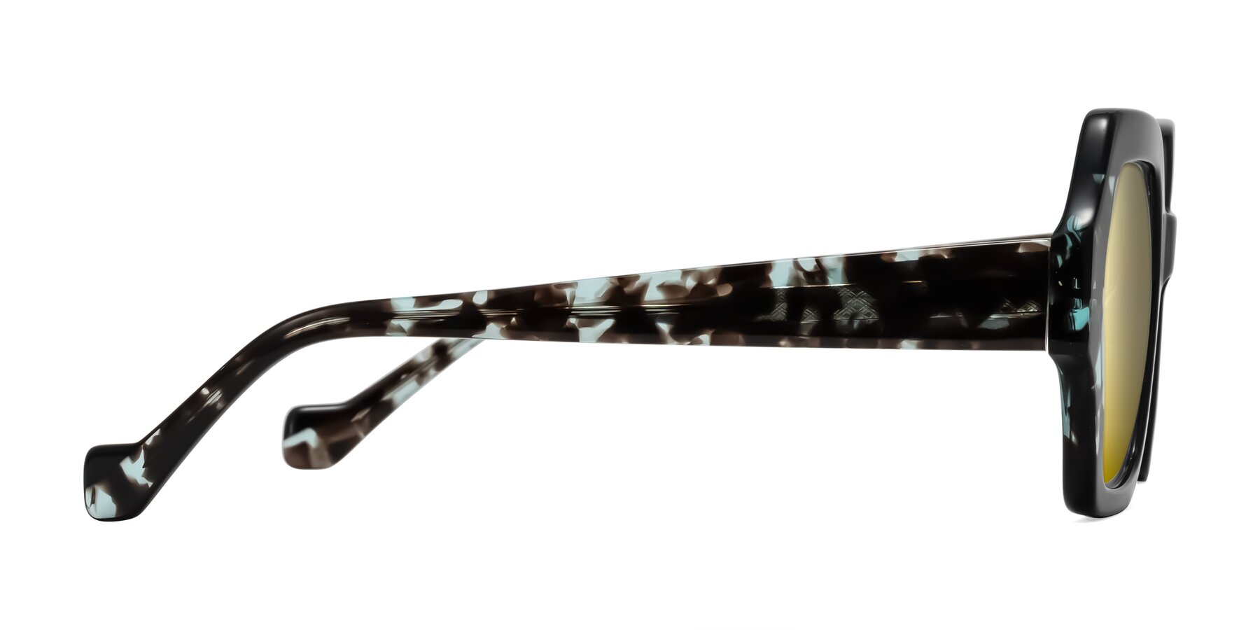 Side of Burka in Black/Teal Tortoise with Gold Mirrored Lenses