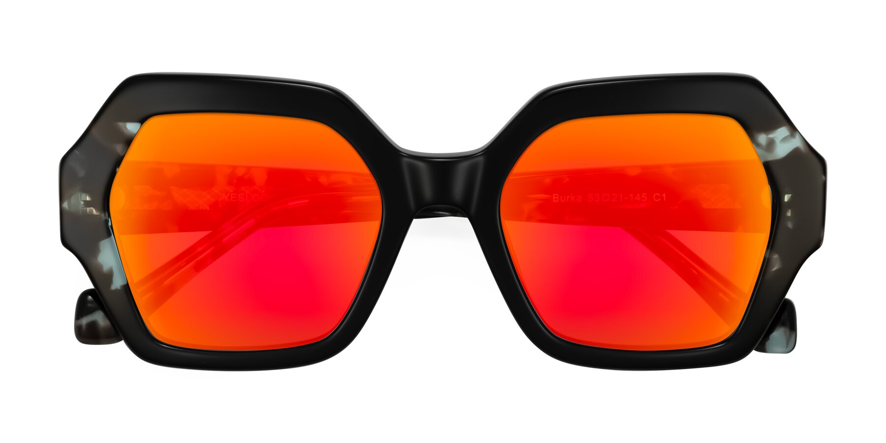 Folded Front of Burka in Black/Teal Tortoise with Red Gold Mirrored Lenses