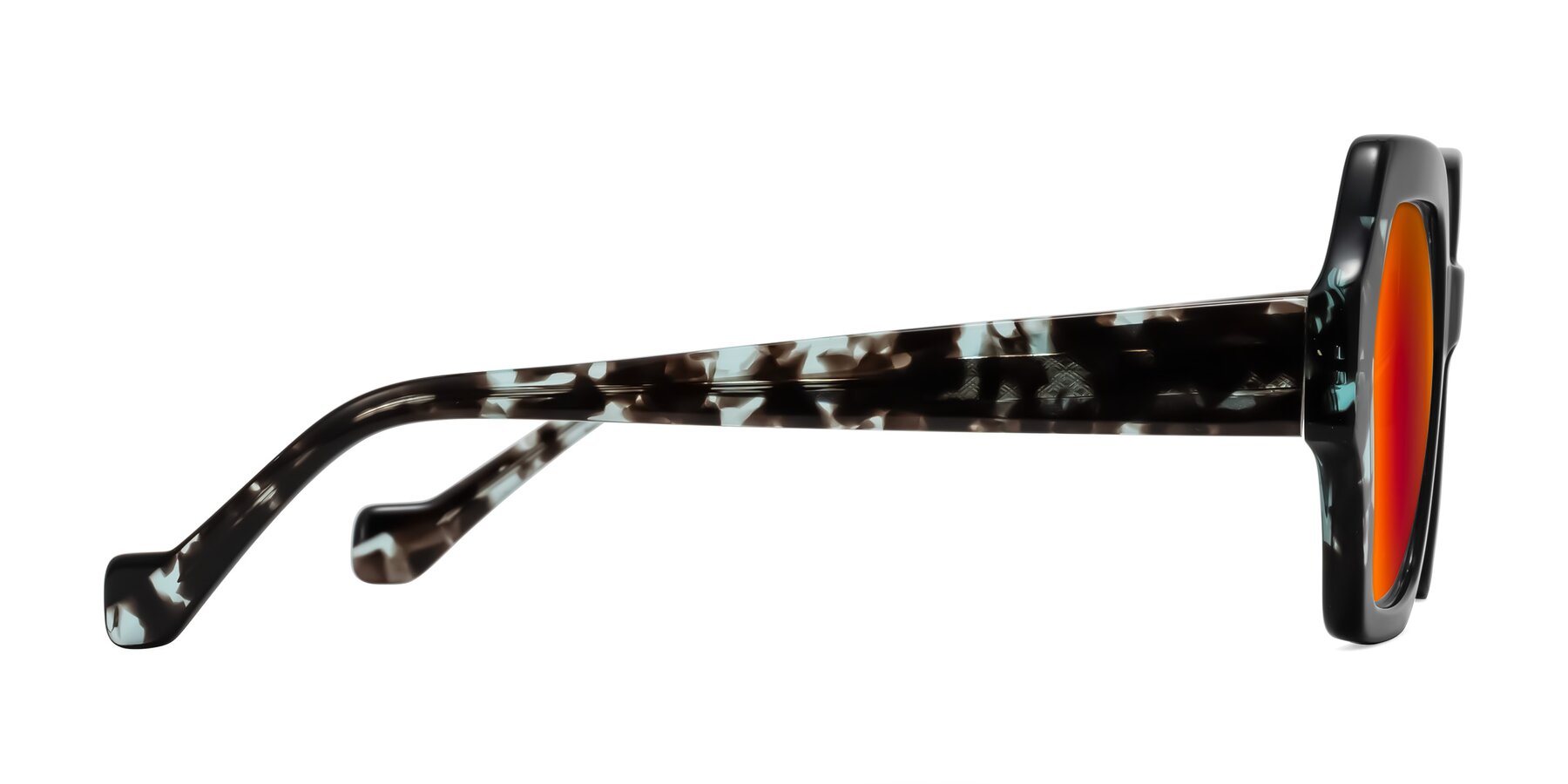 Side of Burka in Black/Teal Tortoise with Red Gold Mirrored Lenses