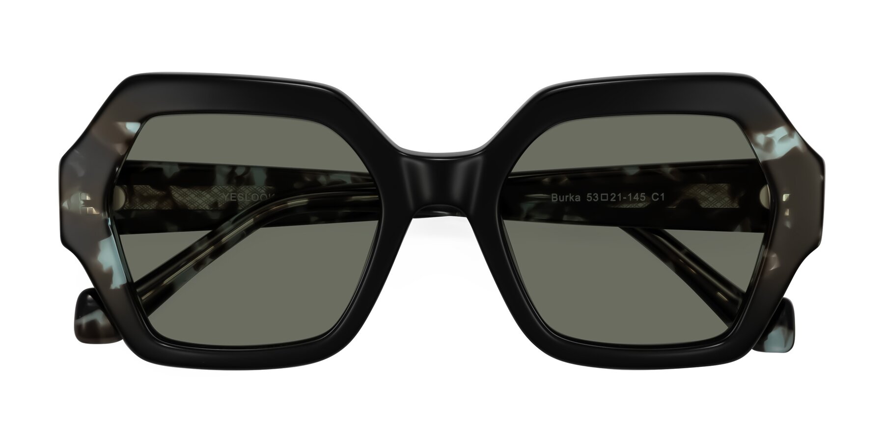 Folded Front of Burka in Black/Teal Tortoise with Gray Polarized Lenses