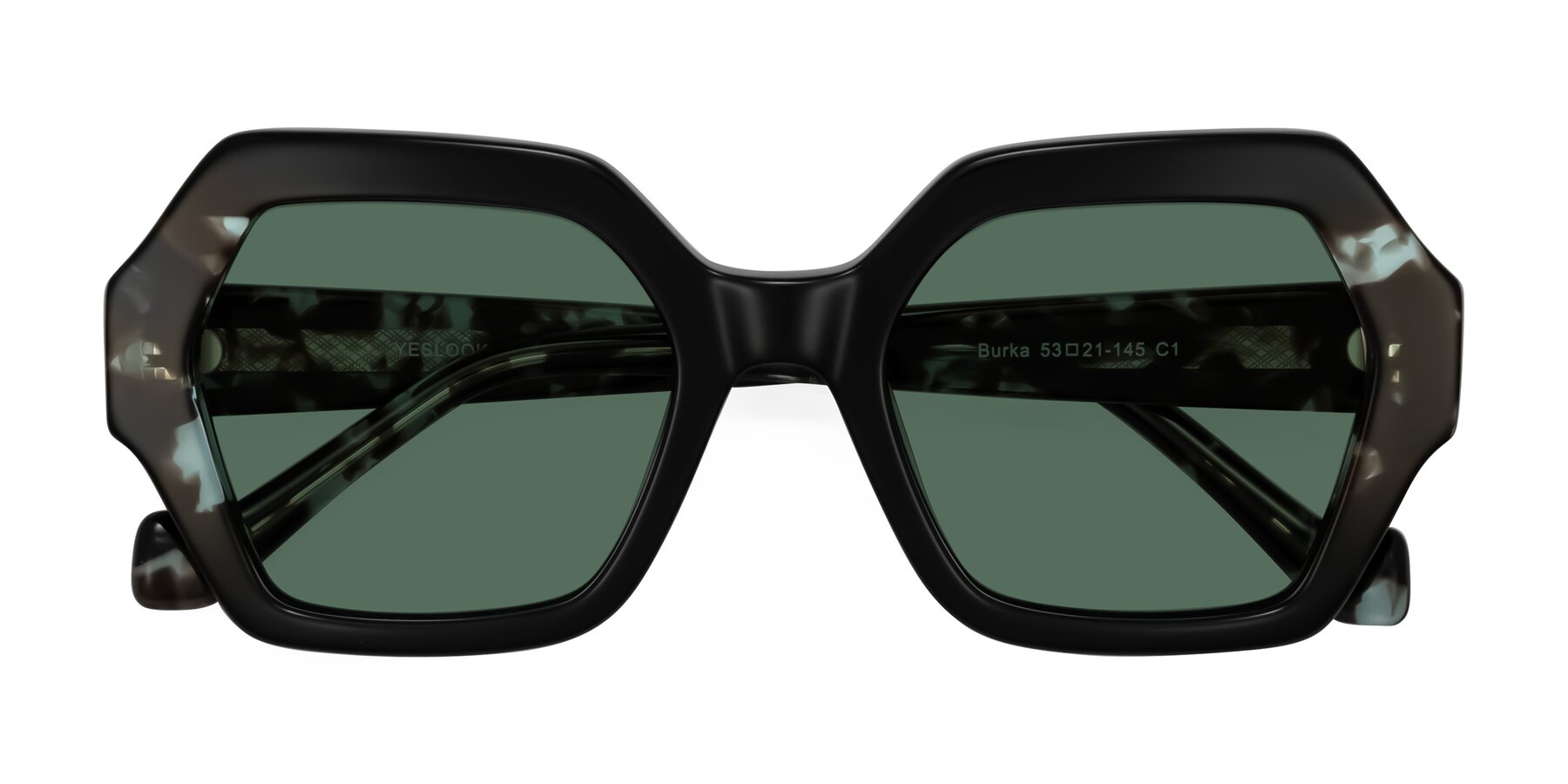 Folded Front of Burka in Black/Teal Tortoise with Green Polarized Lenses