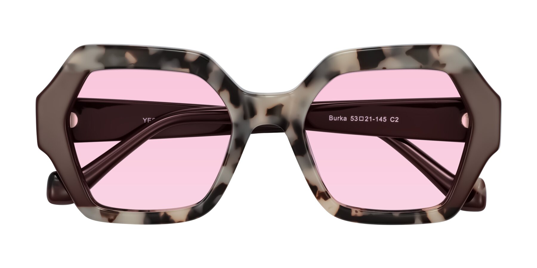 Folded Front of Burka in Ivory Tortoise/Chocolate with Light Pink Tinted Lenses