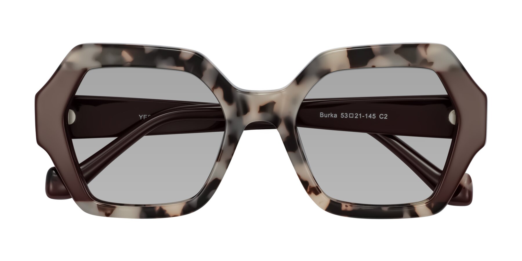 Folded Front of Burka in Ivory Tortoise/Chocolate with Light Gray Tinted Lenses