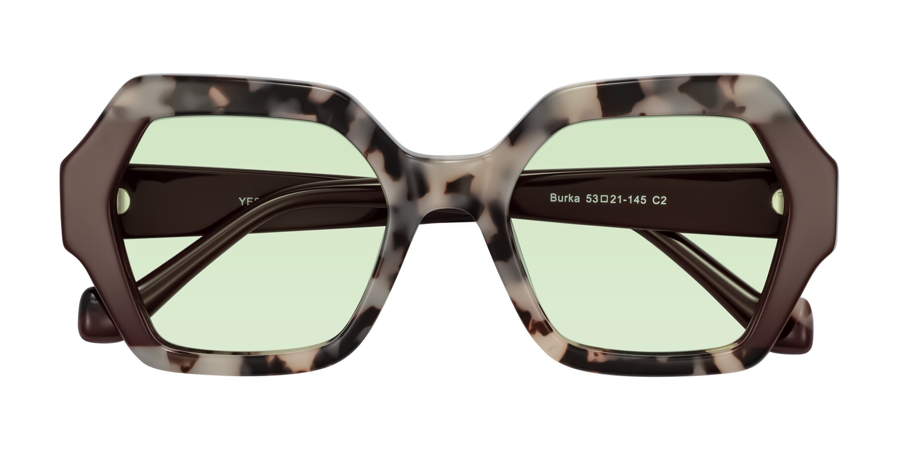 Folded Front of Burka in Ivory Tortoise/Chocolate with Light Green Tinted Lenses