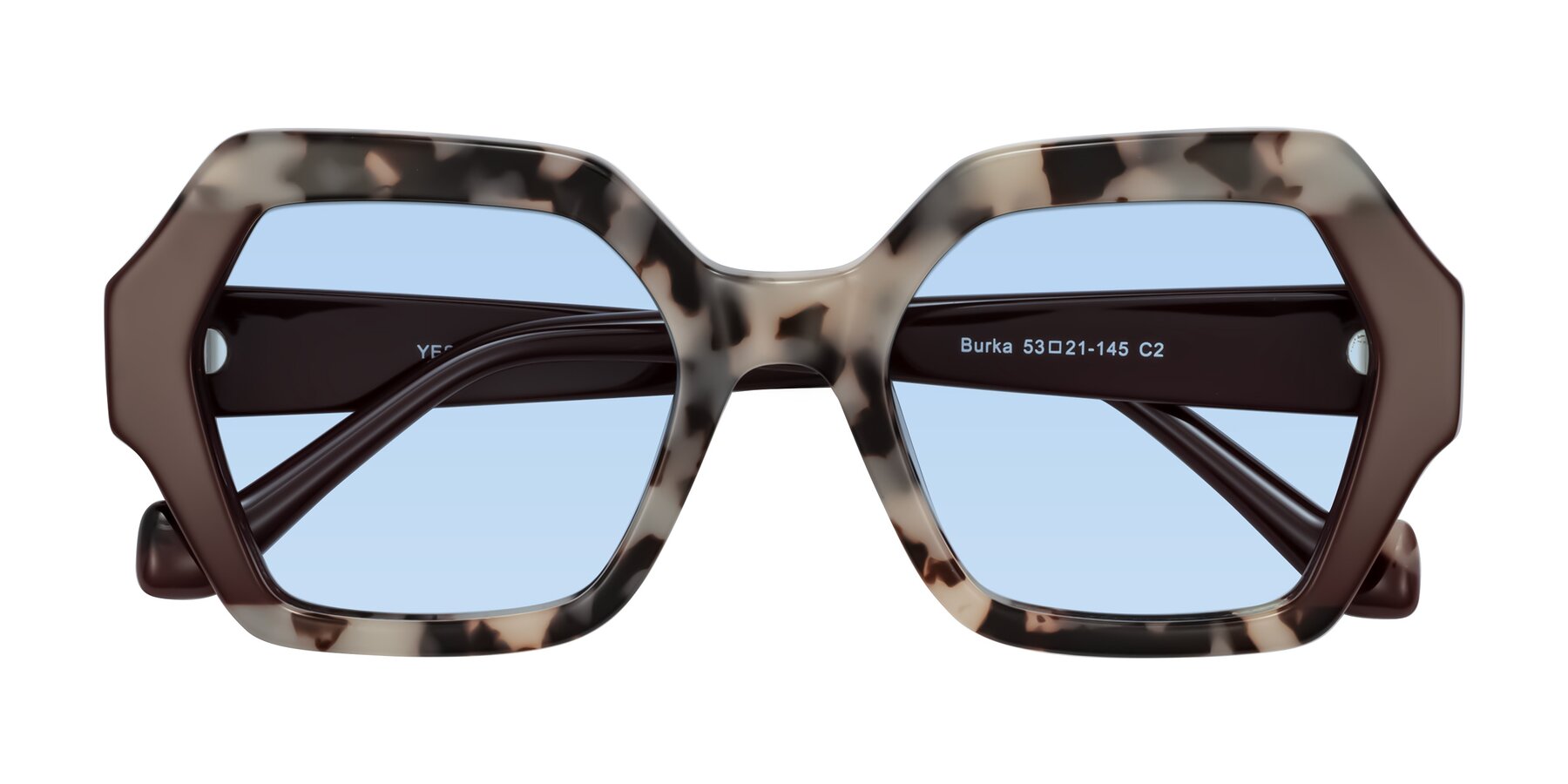 Folded Front of Burka in Ivory Tortoise/Chocolate with Light Blue Tinted Lenses