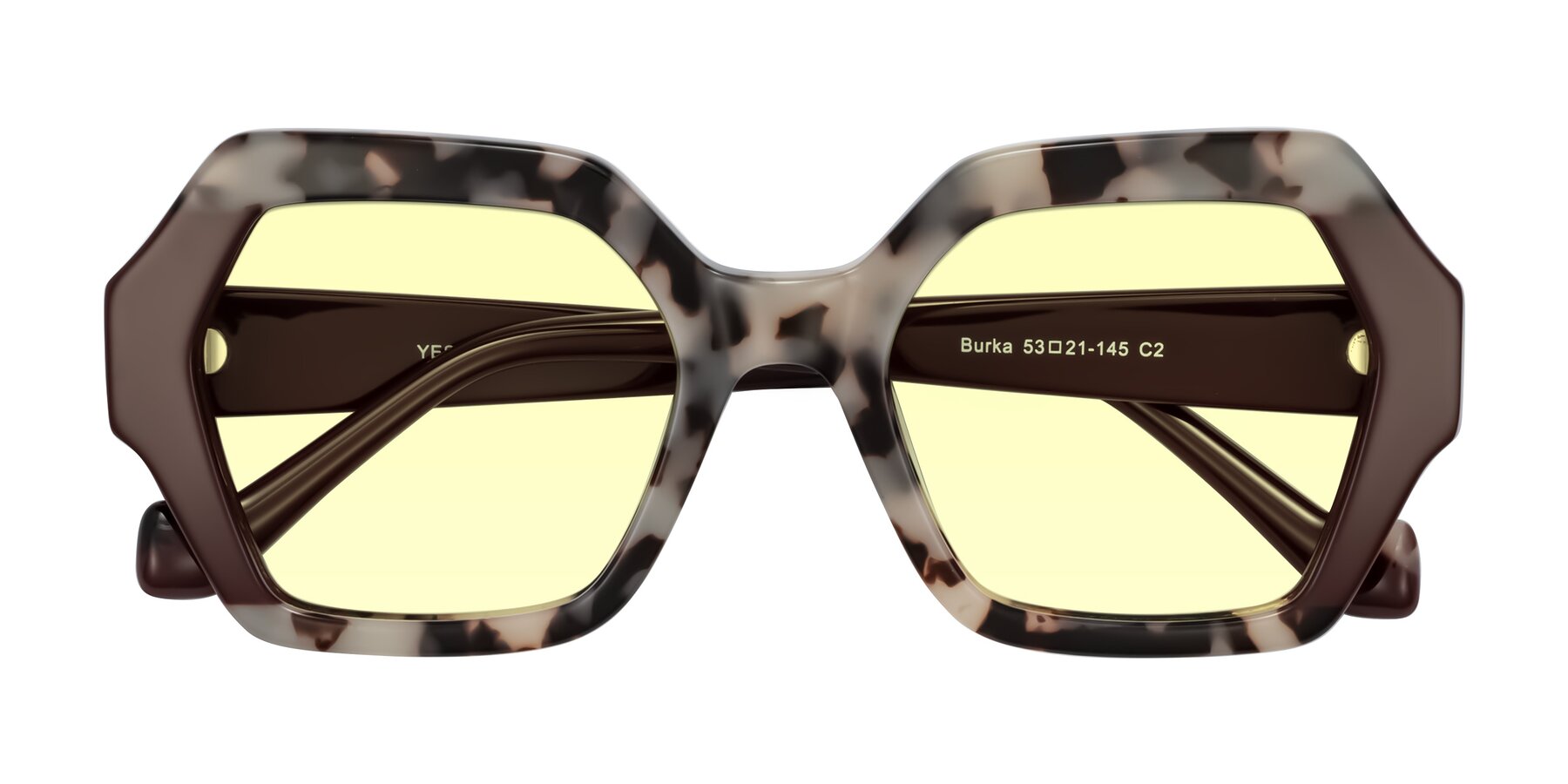 Folded Front of Burka in Ivory Tortoise/Chocolate with Light Yellow Tinted Lenses