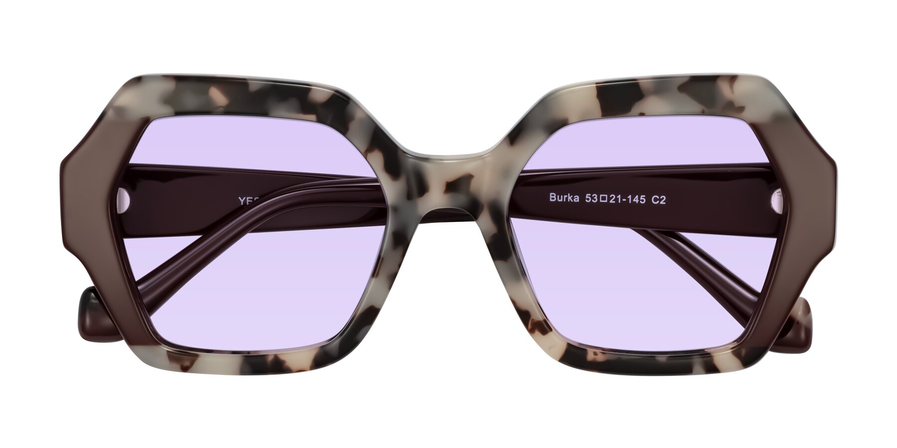 Folded Front of Burka in Ivory Tortoise/Chocolate with Light Purple Tinted Lenses