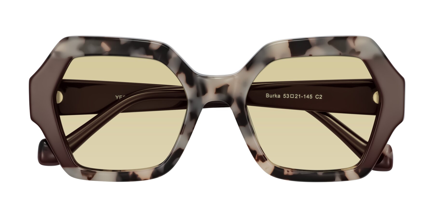 Folded Front of Burka in Ivory Tortoise/Chocolate with Light Champagne Tinted Lenses