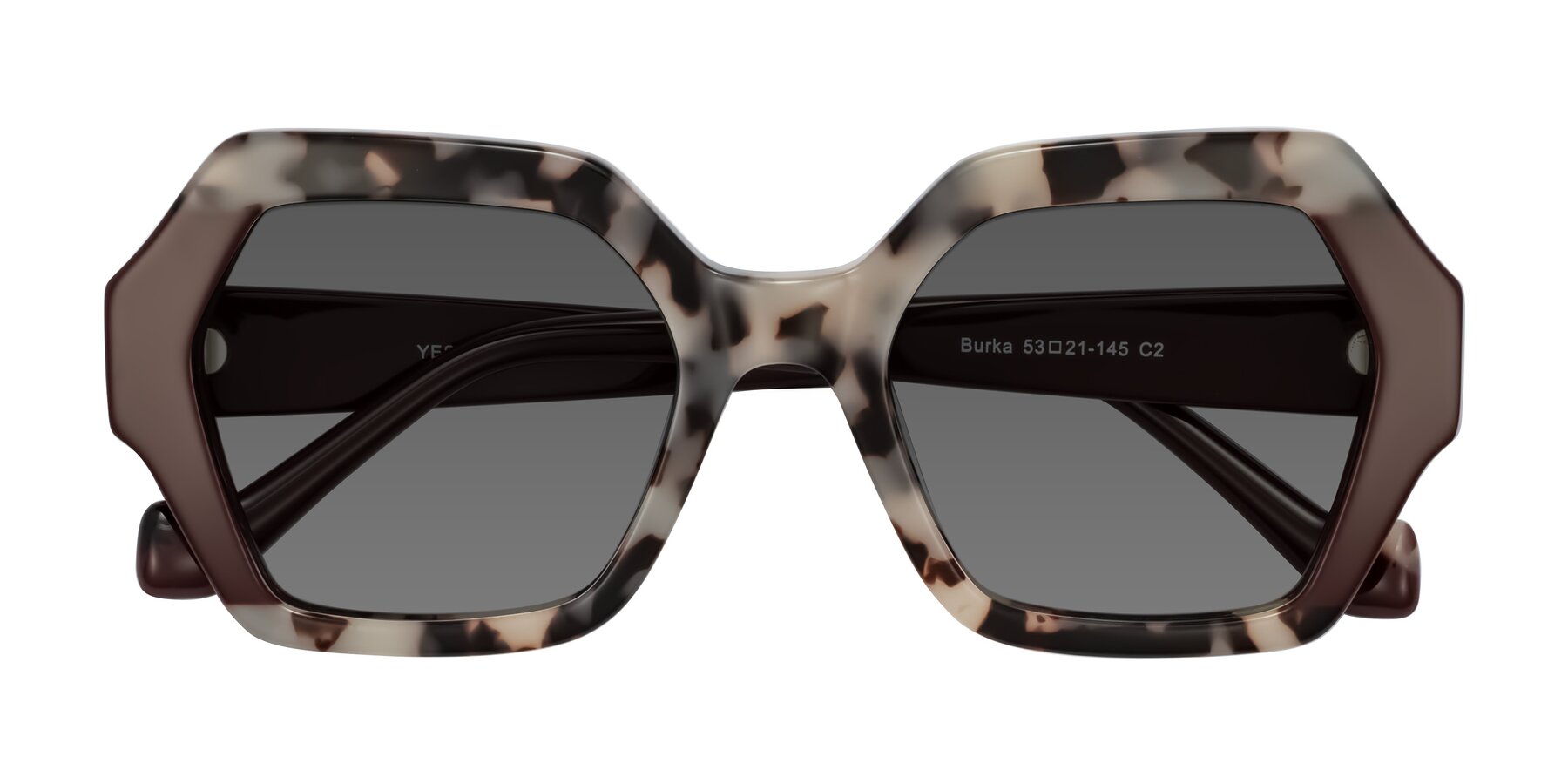 Folded Front of Burka in Ivory Tortoise/Chocolate with Medium Gray Tinted Lenses