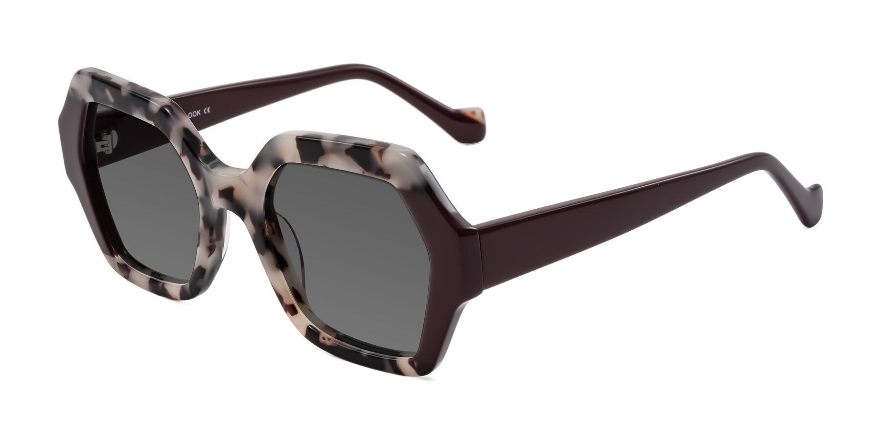 Angle of Burka in Ivory Tortoise/Chocolate with Medium Gray Tinted Lenses