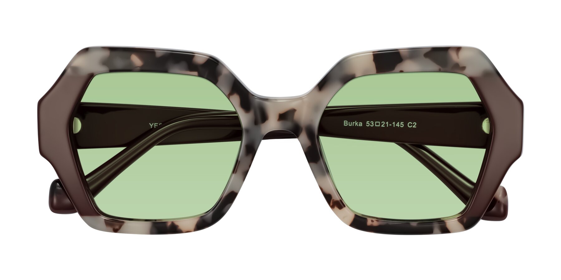 Folded Front of Burka in Ivory Tortoise/Chocolate with Medium Green Tinted Lenses