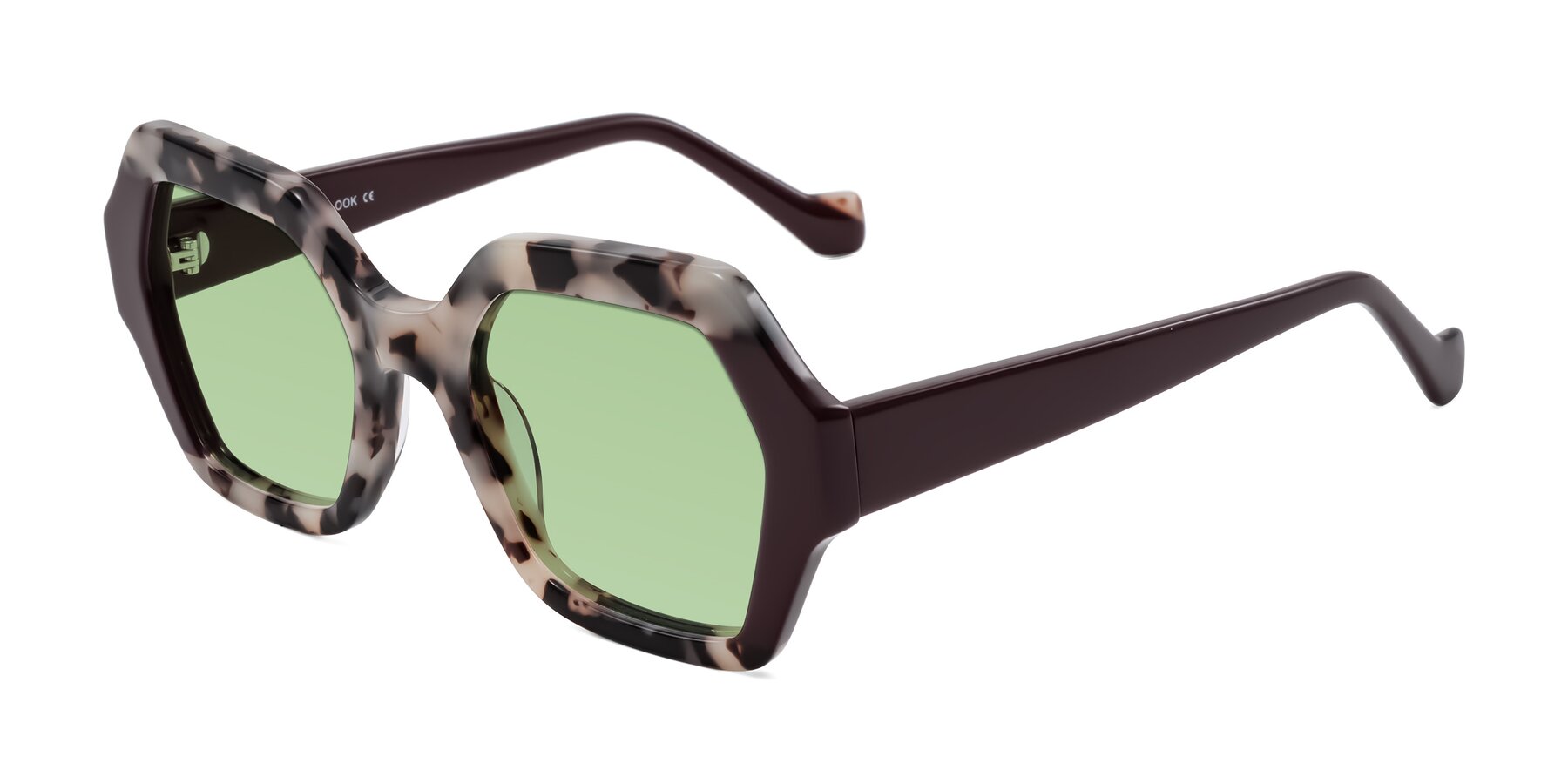 Angle of Burka in Ivory Tortoise/Chocolate with Medium Green Tinted Lenses