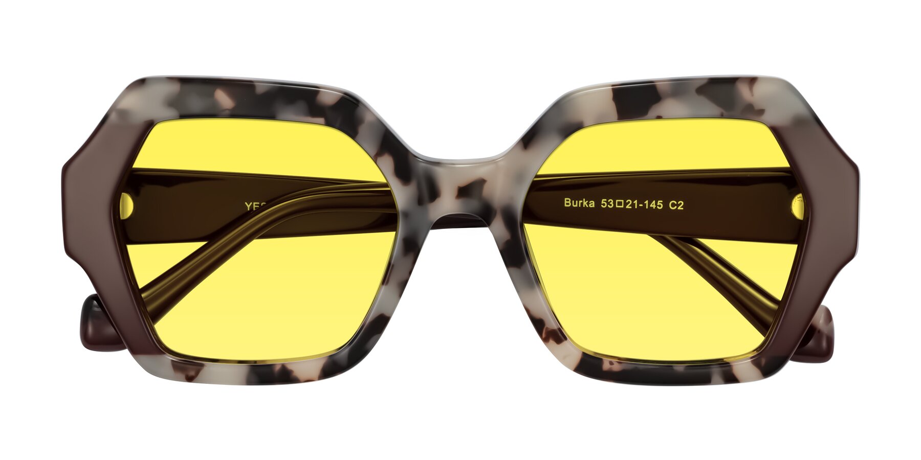 Folded Front of Burka in Ivory Tortoise/Chocolate with Medium Yellow Tinted Lenses