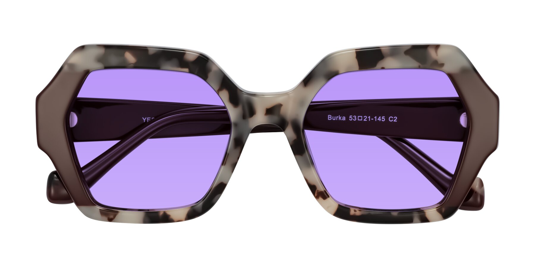 Folded Front of Burka in Ivory Tortoise/Chocolate with Medium Purple Tinted Lenses