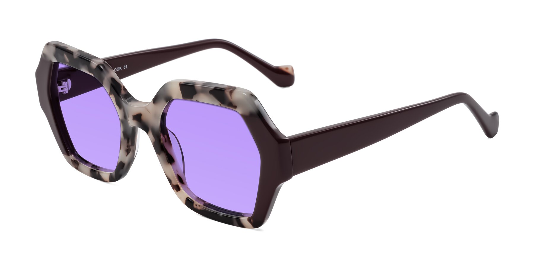Angle of Burka in Ivory Tortoise/Chocolate with Medium Purple Tinted Lenses