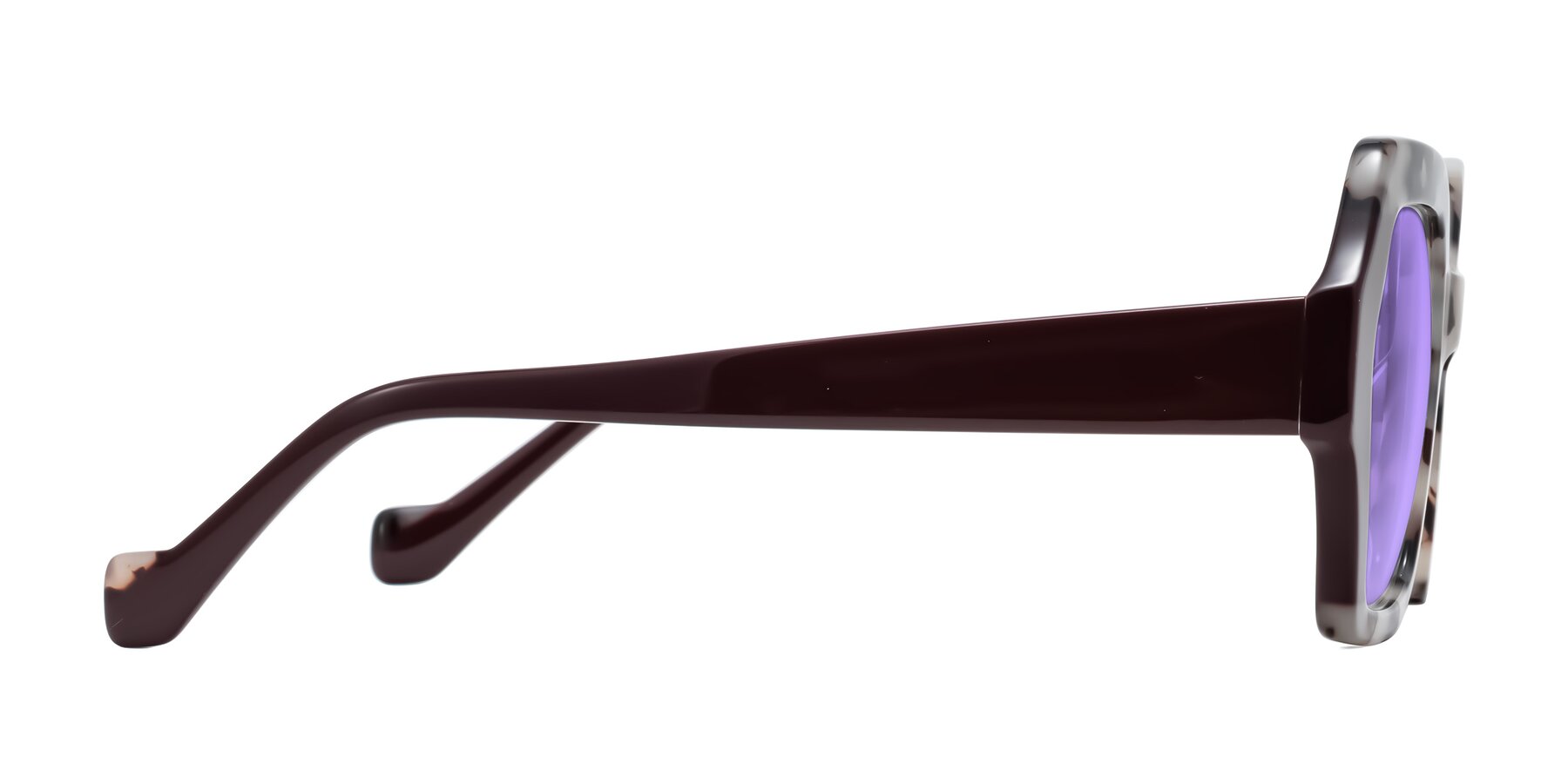 Side of Burka in Ivory Tortoise/Chocolate with Medium Purple Tinted Lenses