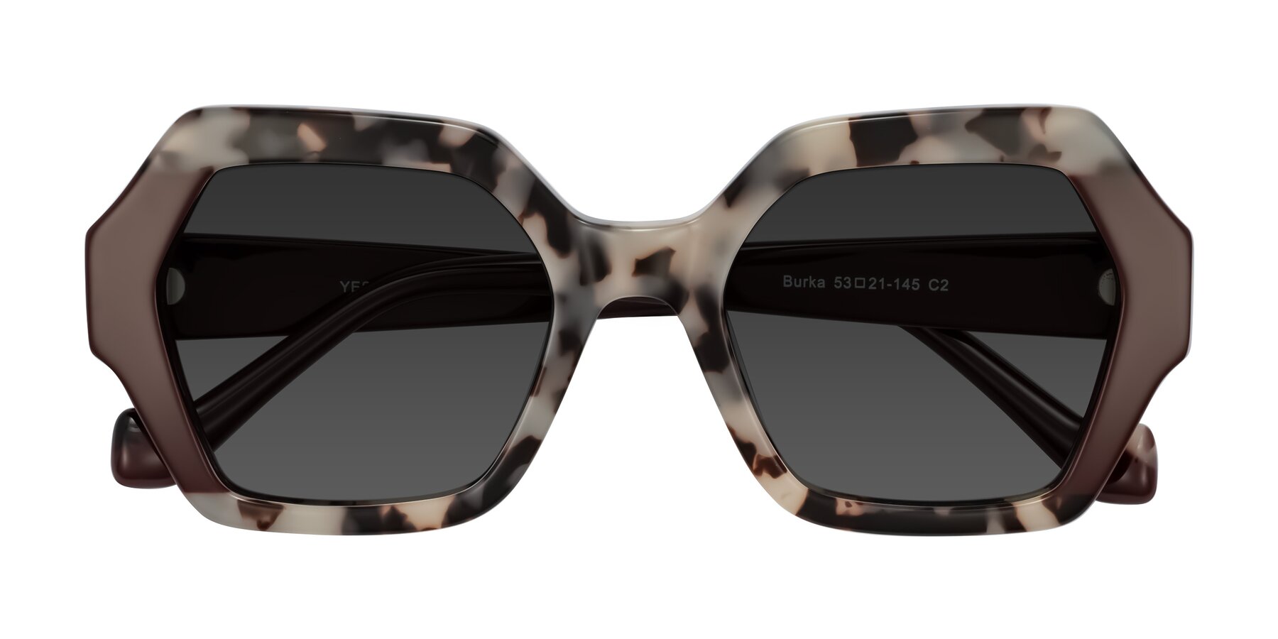 Folded Front of Burka in Ivory Tortoise/Chocolate with Gray Tinted Lenses