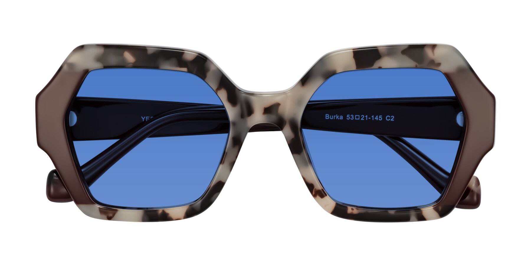 Folded Front of Burka in Ivory Tortoise/Chocolate with Blue Tinted Lenses