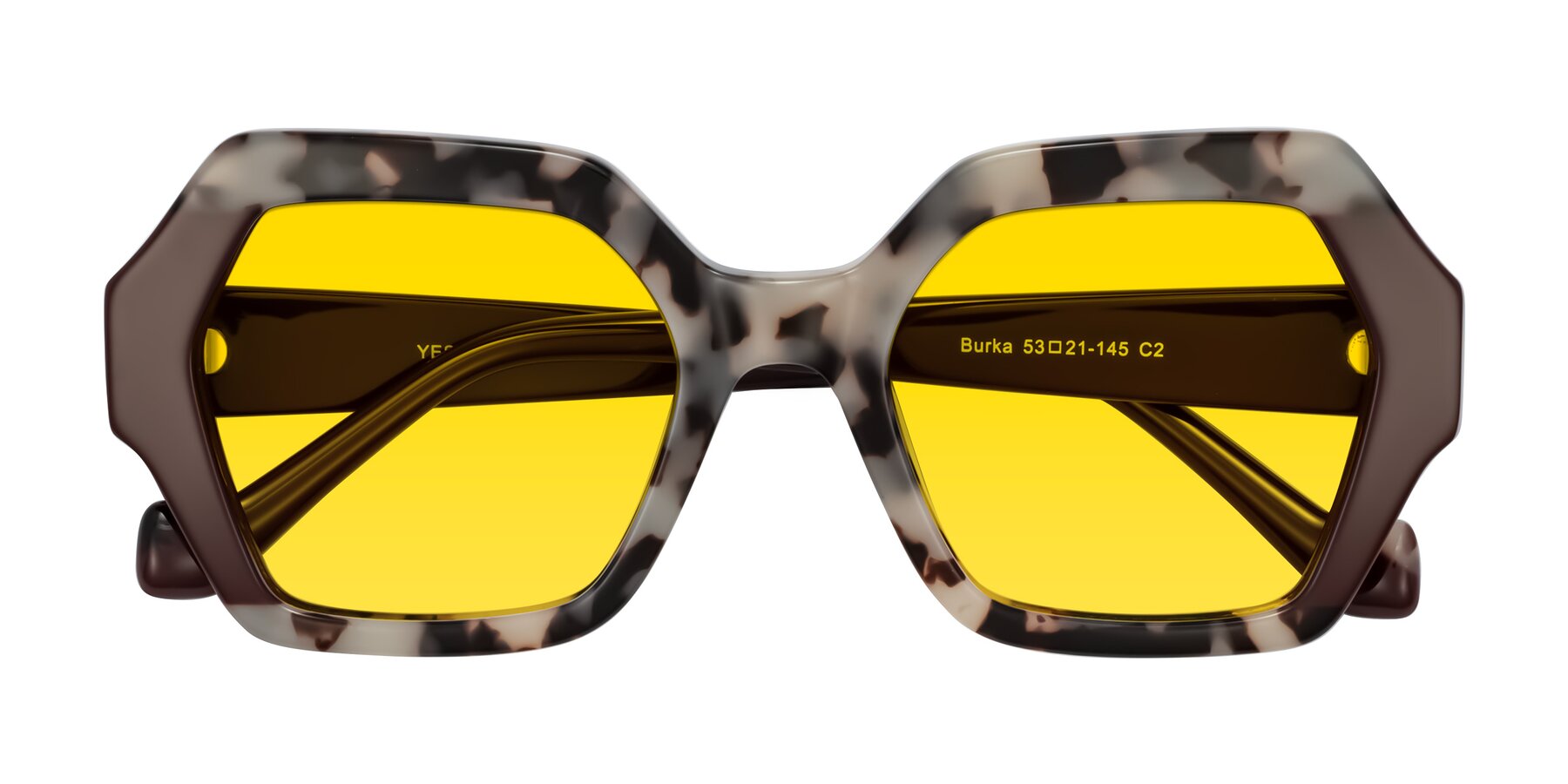 Folded Front of Burka in Ivory Tortoise/Chocolate with Yellow Tinted Lenses