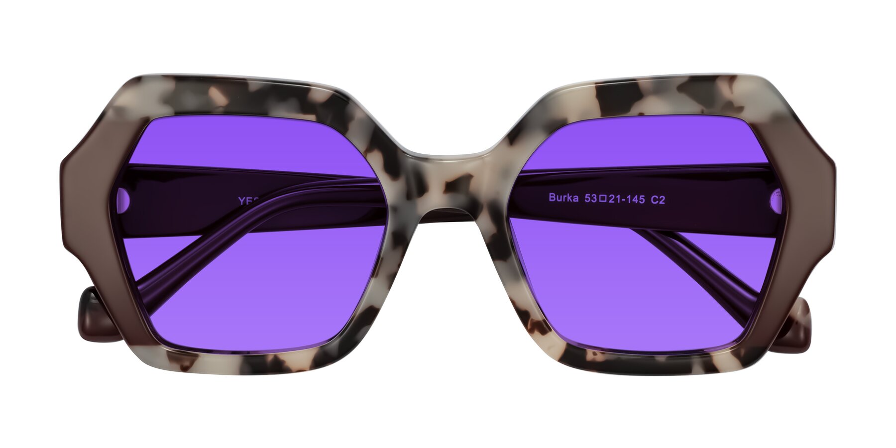 Folded Front of Burka in Ivory Tortoise/Chocolate with Purple Tinted Lenses