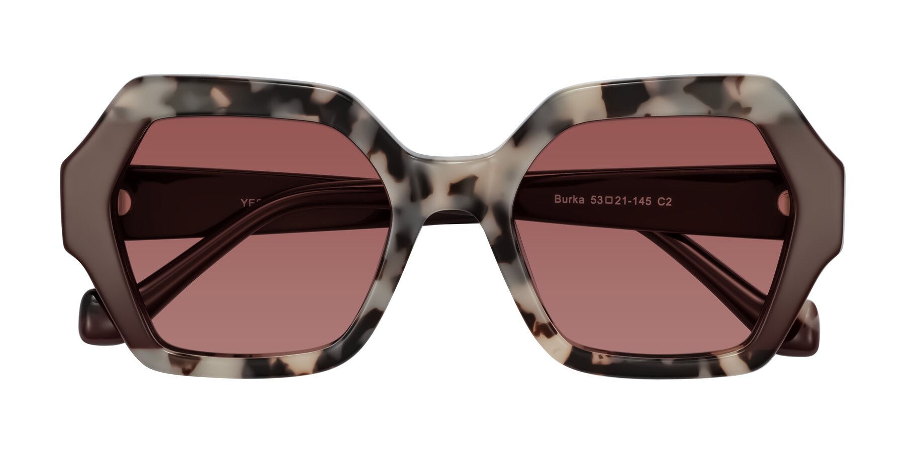 Folded Front of Burka in Ivory Tortoise/Chocolate with Garnet Tinted Lenses