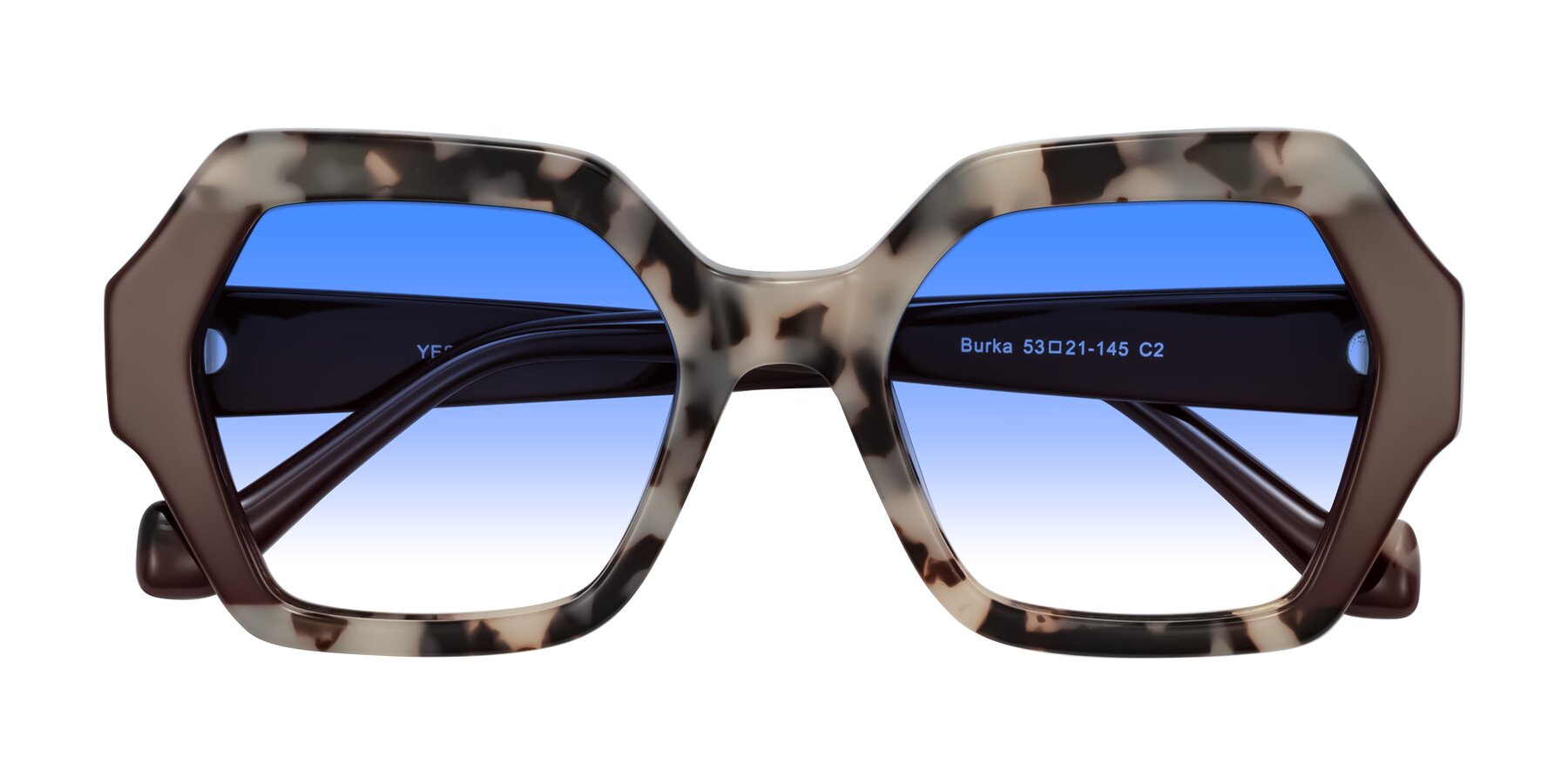 Folded Front of Burka in Ivory Tortoise/Chocolate with Blue Gradient Lenses