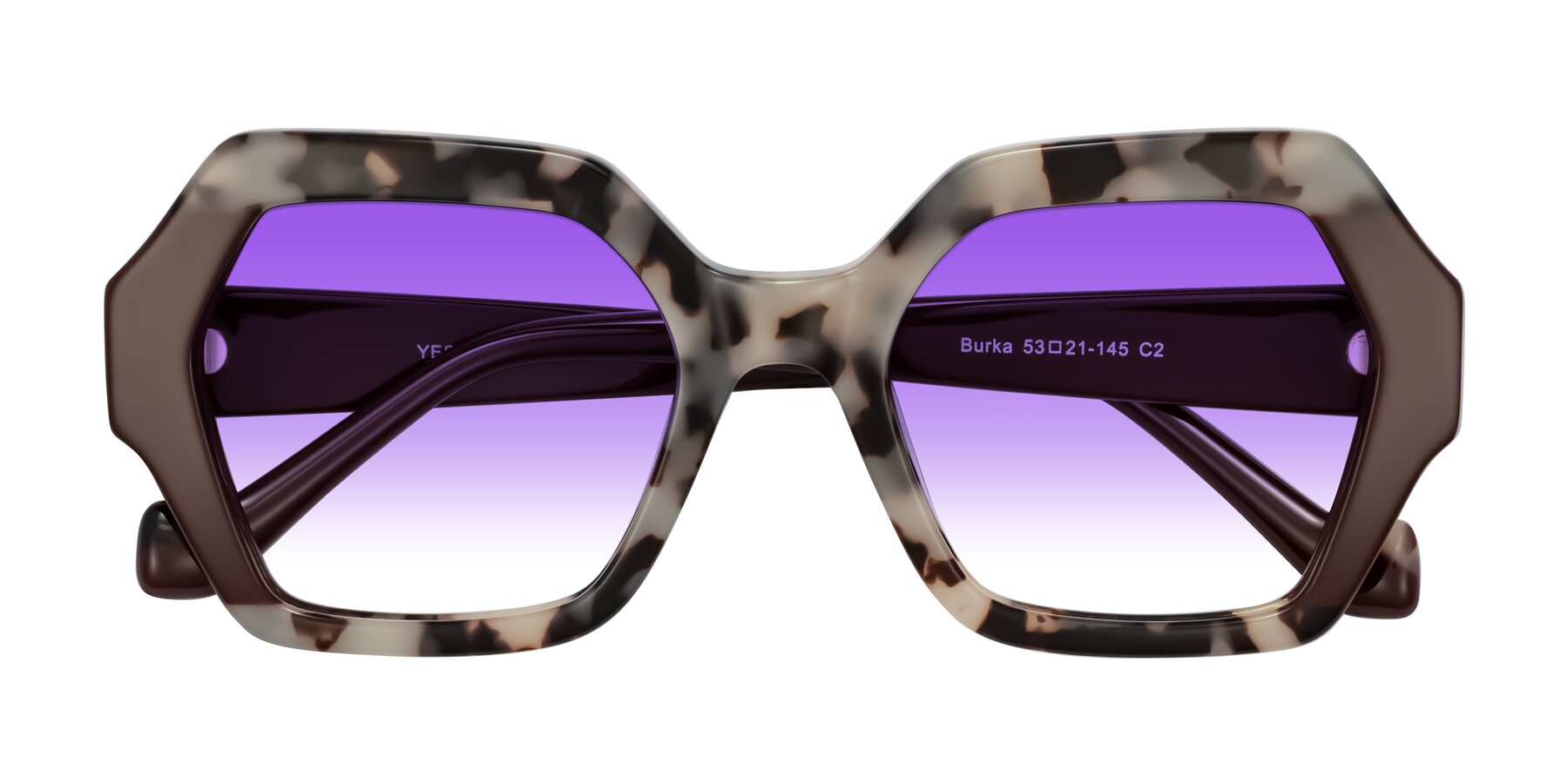 Folded Front of Burka in Ivory Tortoise/Chocolate with Purple Gradient Lenses